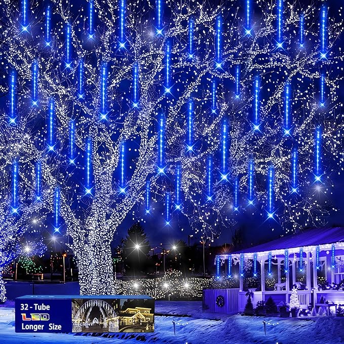 Christmas Lights Outdoors 32 Tubes(Equivalent to 4 Sets of 8-Tubes) Meteor Shower Rain Lights - Blue lcicle Christmas Light Outdoor for Xmas Tree Wedding Party Holiday House Yard Decor UL Plug