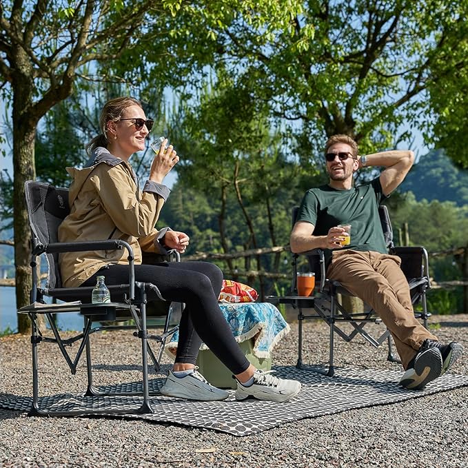 EVER ADVANCED Camping Directors' Chair with Side Table Portable Folding Chair with Compact Size Heavy Duty Lawn with Pocket for Camping Lawn Sports and Fishing 400lbs Grey