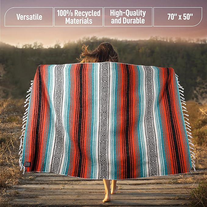 Hydration Nation Authentic Large Handwoven Mexican Blanket - Soft Yoga - Durable Serape - Lightweight Falsa Beach Camping Picnic Outdoor 70x50 - Mandarin
