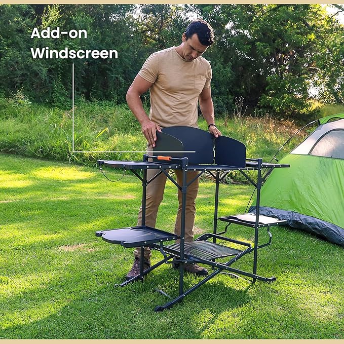 ARROWHEAD OUTDOOR 54 Wide Quick Folding Kitchen Station with Add-on Windscreen 4 Side Tables Aluminum Tabletop Tool-Hanging Cord 154 LBS Max Weight Load for Patio BBQ and Camping