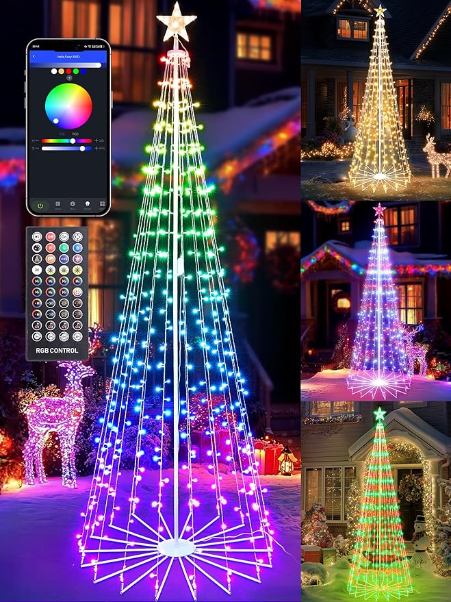 Flacchi 8.8 FT Smart Christmas Tree Lights - Star Tree Topper with Removable Bracket App Control Sync with Music Waterfall Colored Lights for Indoor Outdoor Xmas Decorations (8.8FT/ String Lights)