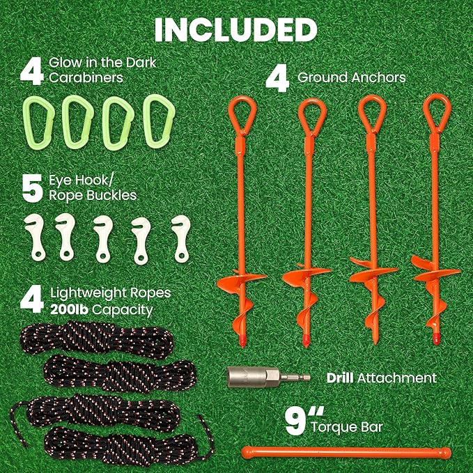 15 Screw-In Ground Anchors (4 Pack) – Heavy Duty Orange Trampoline Stakes High Visibility Earth Augers with Drill Bit &amp Glow Carabiners for Canopy Tents Carports &amp Swing Sets
