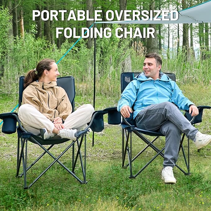 Timber Ridge Oversized Folding Camping Chair for Adults Support 550 LBS Heavy Duty Chairs with Cup Holder Side Pocket for Camping Lawn Picnic 2 Pack(Navy)