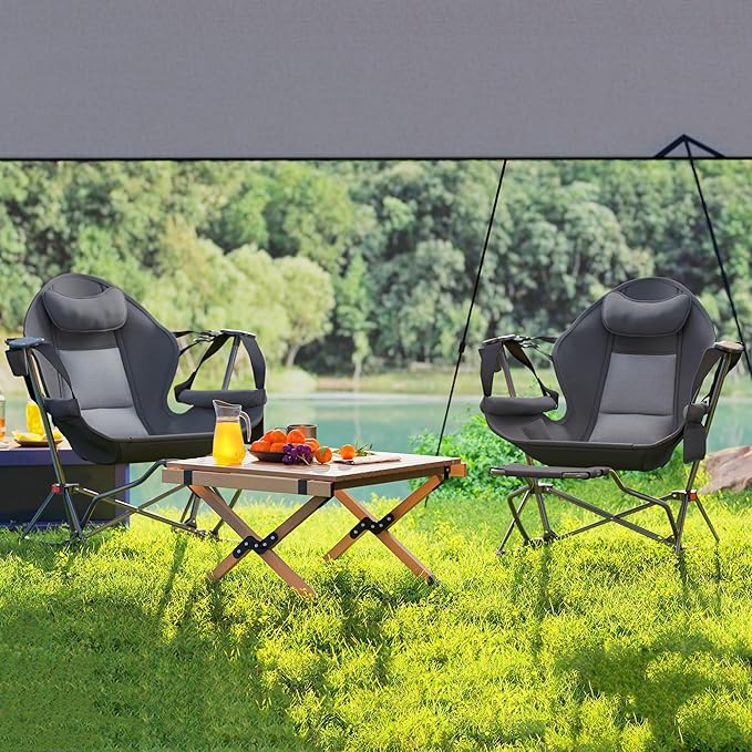 Outsunny Double Hammock Camping Chair Adjustable Back Folding Rocking Chair Swinging Hammock Chair with Cup Holder Headrest Removable Footrest Padded Seat for Travel Sports Concerts Dark Gray