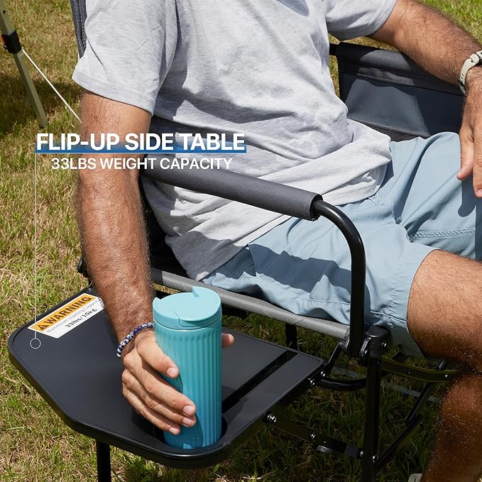 Oversized Directors Chairs Heavy Duty Folding Outdoor Chairs with Detachable Side Pocket and Adjustable Side Table for OutsideLawnFishing Folding Camping Chair up to 350Lbs Capacity (Grey)