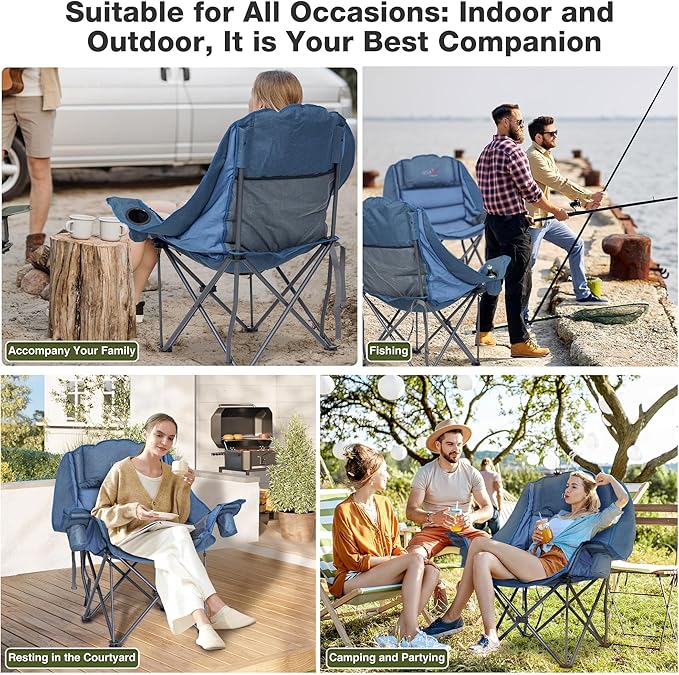 Oversized Camping Chair Portable Folding Padded Camp Chairs with Side Pocket Cup Holder Heavy Duty Support 500LBS Outdoor Lounge Chair for Adults Fishing Sports Trip Navy Blue