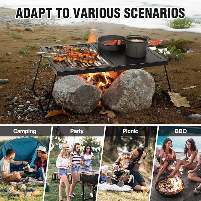 REDCAMP Folding Campfire Grill Heavy Duty Steel Mesh Grate 23.6 Portable Camping Grates Over Fire Pit Campfire Cook Equipment with Legs Carrying Bag Grilling Rack for Outdoor Open Flame Cooking