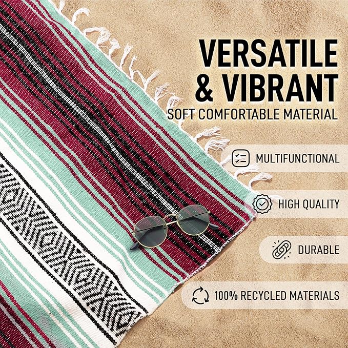 Hydration Nation Authentic Large Handwoven Mexican Blanket - Soft Yoga- Durable Serape- Lightweight Falsa Beach Camping Picnic Outdoor Blanket 70x50 - Miami Vice
