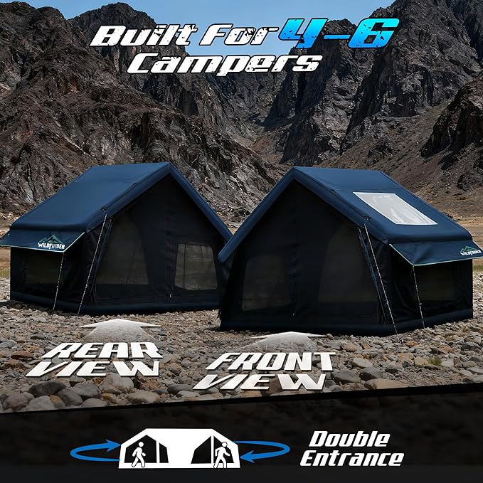 Inflatable Tent with Skylight &amp Awning Inflatable Tents for Camping Blow Up Tent with Stove Jack Glamping Tent with Mesh Windows &amp Doors Waterproof Oxford Tents for Camping 4-6 Person