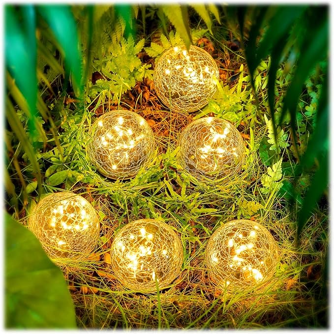 Honoson Solar Globe Lights Outdoor - Waterproof Cracked Glass Balls for Garden Patio Lawn &amp Yard Warm White Solar LED Lights with Easy Installation &amp Durable Design(3.9 Inch6 Pieces)