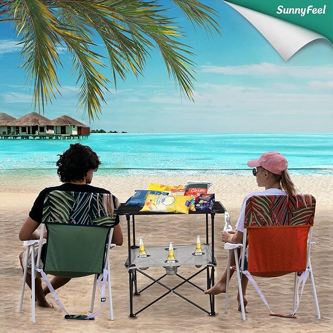 SUNNYFEEL Folding Camping Table- Collapsible Portable Beach Table with 4 Cup Holders &amp Carry Bags Tailgate Table for Outdoor Excursion Picnic Hiking Fishing Travel Parties Black