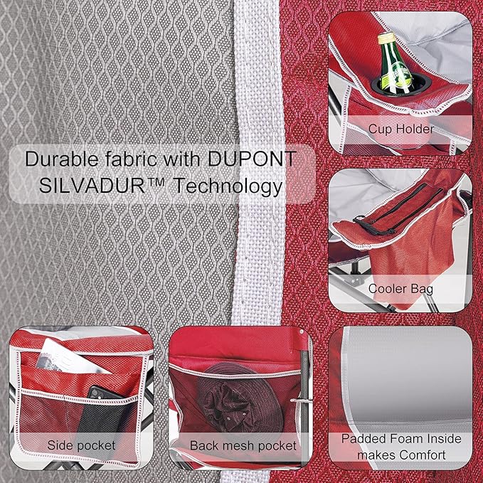 Padded Camping Chairs for Adults 2 Pack Oversized Folding Outdoor Chairs Weight Capacity 475lbs with Cooler Bag Cup Holder Storage Pocket Carry Bag - Red