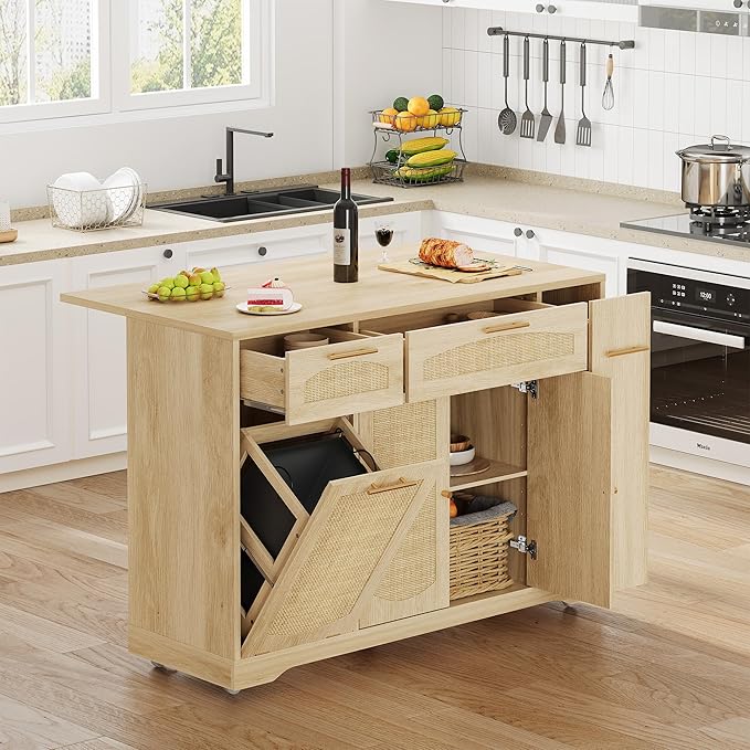 Rolling Kitchen Island Cart with Drop Leaf Tilt-Out Trash Cabinet Storage Drawers Spice Rack Farmhouse Wooden Table Compact Design for Small Spaces 53.1 on Wheels - Wood Color