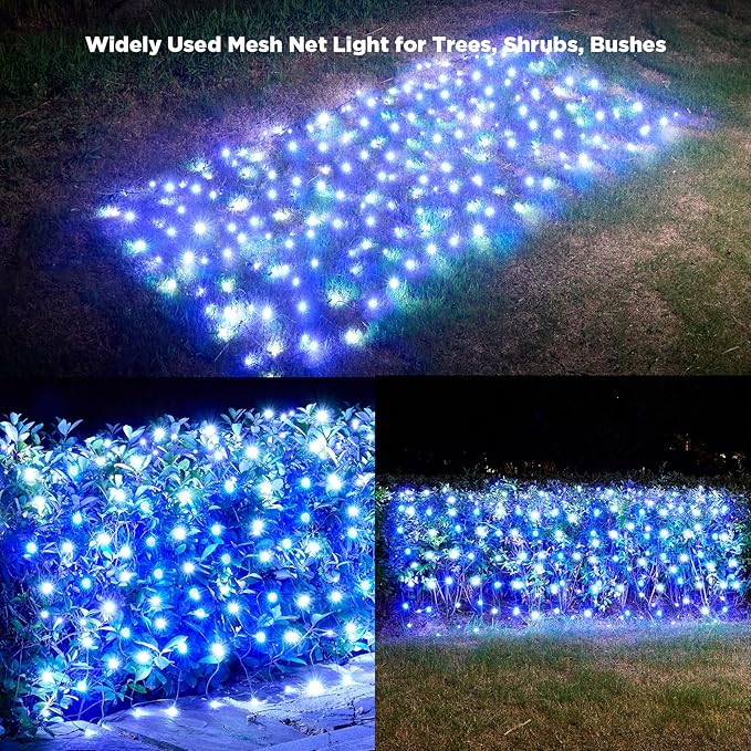 Led Net Lights Christmas Lights Outdoor 200Led 9ftx6ft Upgraded White and Blue Christmas Net Lighting Waterproof 5mm LED Wide Angle Outdoor Indoor Mesh Net Light for Tree Bushes Shrubs Decorations