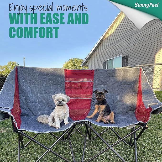 SUNNYFEEL Folding Double Camping Chair Oversized Loveseat Chair Heavy Duty Portable/Foldable Lawn Chair with Storage for Outside/Outdoor/Travel/Picnic Fold Up Camp Chairs for Adults 2 People