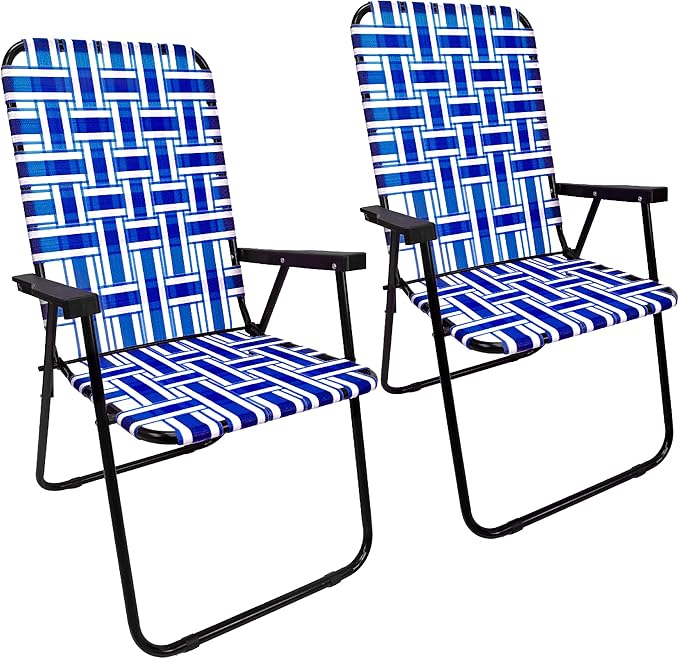 Lawn Chair Folding Steel Webbing Chaise Patio Lounger Seat Wood Handles Great for Camping Beach Fishing Backyard Stadium Pool Boating and Sports 2 Pack Blue