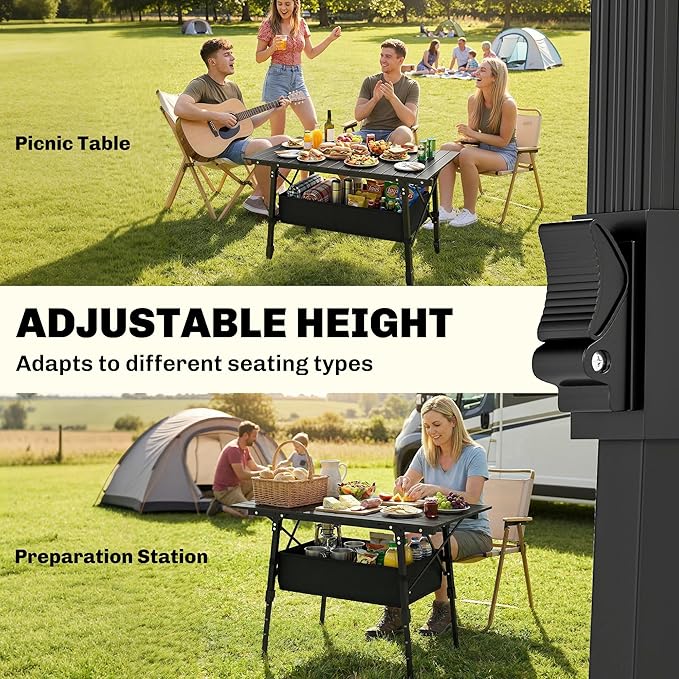 Outsunny 3ft Portable Camping Table with Storage Bag Adjustable Height Aluminum Small Folding Table Lightweight Picnic Table with Carry Bag for Outdoor Picnic BBQ Backyards Beach Black