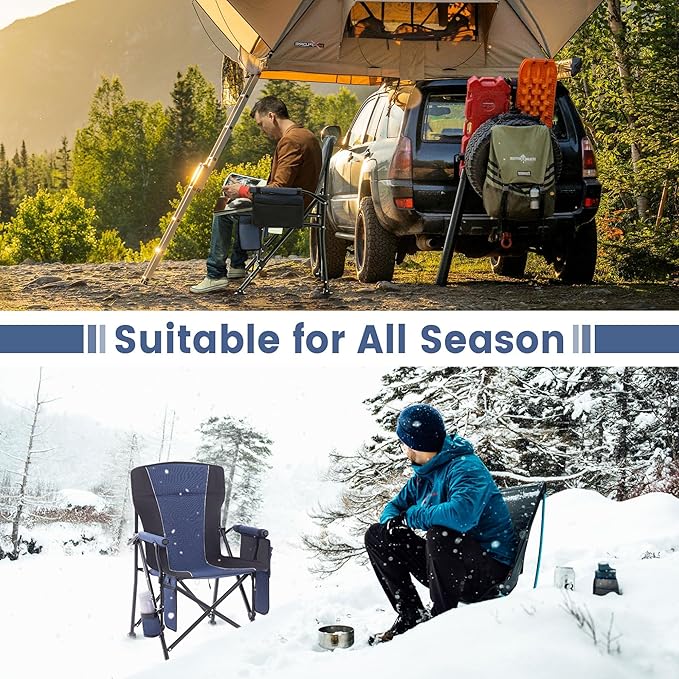Heated Camping Chairs for Adults Portable Heated Chairs for Outdoor Outdoor Heated Chair Folding Chairs Heavy Duty Lawn Chairs for Adults with Cup Holder Navy Blue (Battery NOT Included)