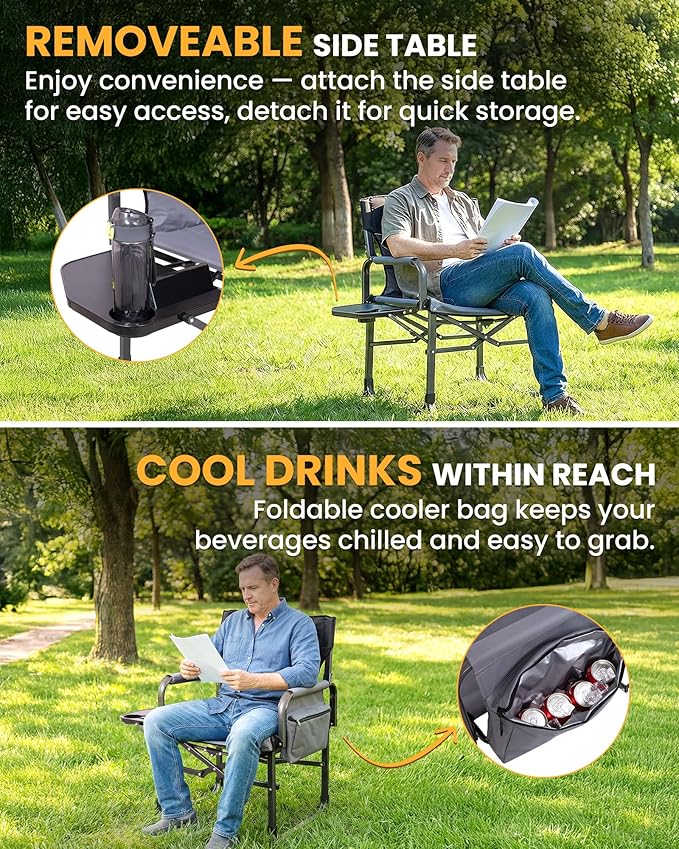 KingCamp XXL Heavy Duty Camping Directors Chair 550lbs Capacity Extra Wide Oversized Camp Chairs with Side Table &amp Cooler Bag Compact Padded Folding Chair for Big and Tall Outdoor Sports Picnic