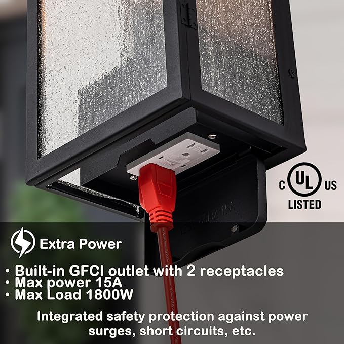 Porch Light with GFCI Outlet Matte Black Exterior Lighting Fixtures Waterproof Aluminum Outdoor Light Fixture with Seeded Glass Anti-Rust Outdoor Wall Lights for House