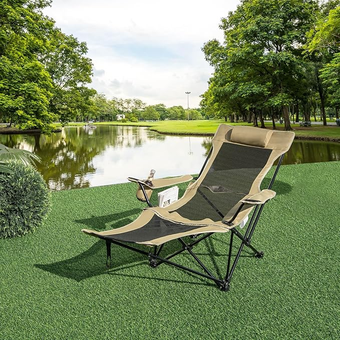 KOTEK Reclining Camping Chair Portable Lounge Chair with Removable Foot Rest Adjustable Backrest Cup Holder &amp Carry Bag Folding Camp Chair for Outdoor Traveling Fishing Hiking Picnic (1 Khaki