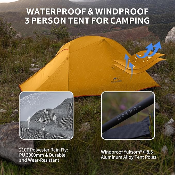 Naturehike Cloud Up 3 Person Backpacking Tent with Footprint - 3 Season Free Standing Lightweight 3 Person Camping Tent | with Footprint Free Standing Dome Camping Hiking Waterproof