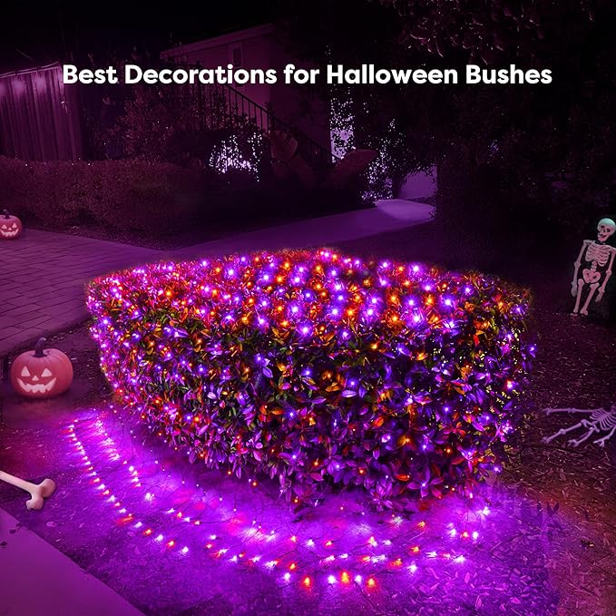 BlcTec Halloween Lights Outdoor 360 LED 9.8ft x 6.6 Orange Purple Halloween Mesh Lights with 8 Modes Timer Connectable Waterproof and Green Wire Design for Lawn Bushes Outdoor Holiday Decorations