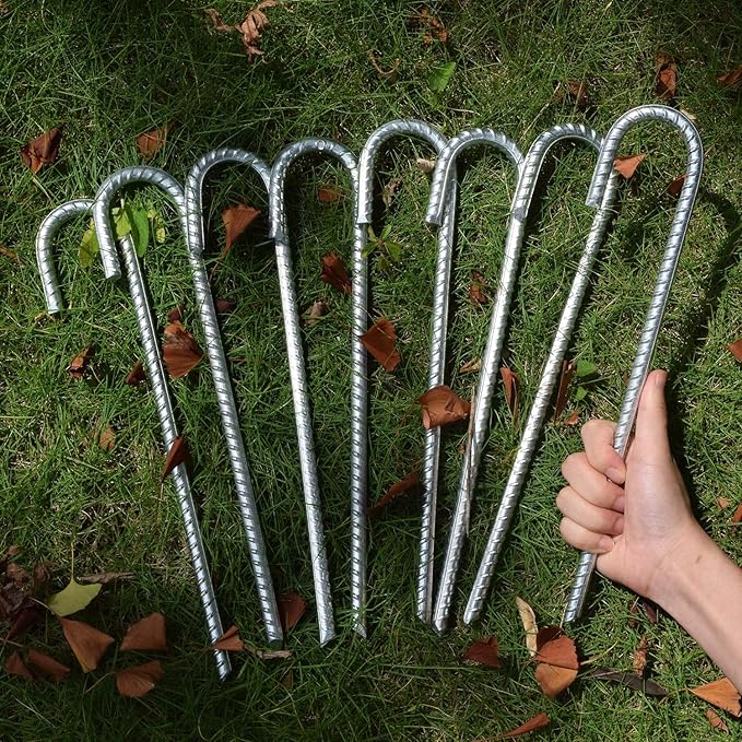 Rebar Stakes 16 inch 3/8 Diameter Heavy Duty J Hook Stakes 8 Pack Galvanized Anti-Rust Ground Anchor Long Tent Stakes for Dog Fence Trompoline Swing Set