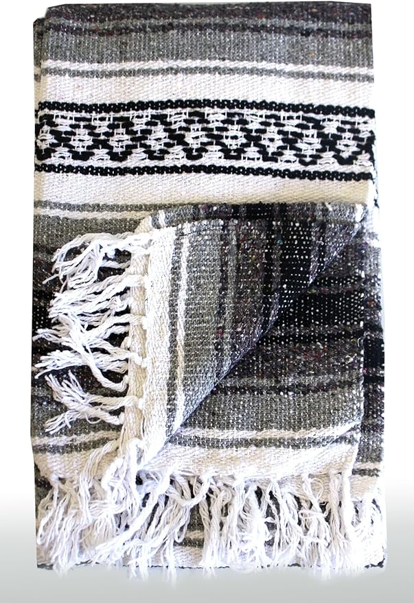 Del Mex Classic Mexican Blanket Large Authentic Woven Falsa Throw (70x50) Artisan Southwest Décor for Beach Yoga Outdoors (Gray)