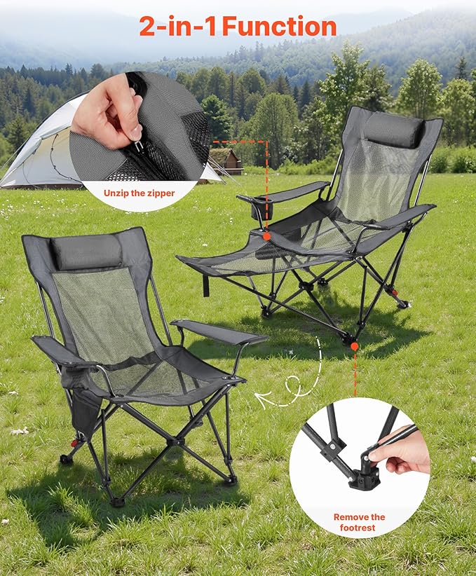 VEVOR Reclining Camping Chair 4 Adjustable Positions Portable Folding Lounger for Adults Mesh Beach Chair with Headrest &amp Foot Rest Supports 220 lbs Heavy Duty Camp Chairs for Patio Gray