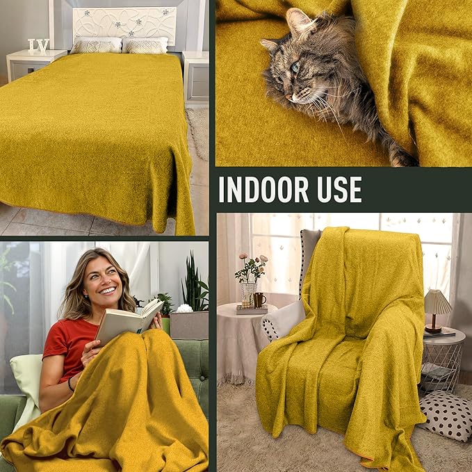 Large Military Wool Blanket - Warm &amp Thick Emergency Survival Blanket Great for Camping Outdoors Sports Events Picnics 4.5 lbs 64 x 88 (Ochre Yellow)