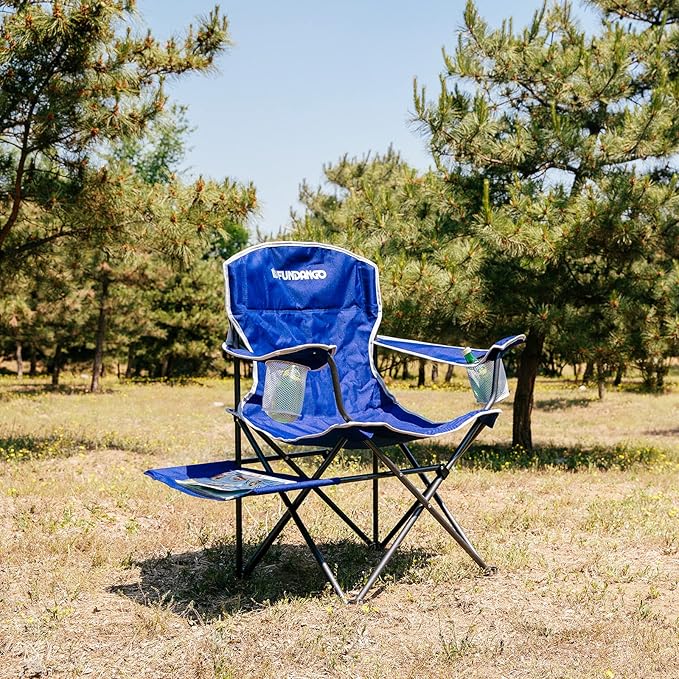 FUNDANGO Folding Padded Camping Chair Portable Outdoor Full Back Lawn Arm Chair with Side Table Cup Holder Side Pocket for Garden Picnic BBQ with Carry Bag Support 300LBS