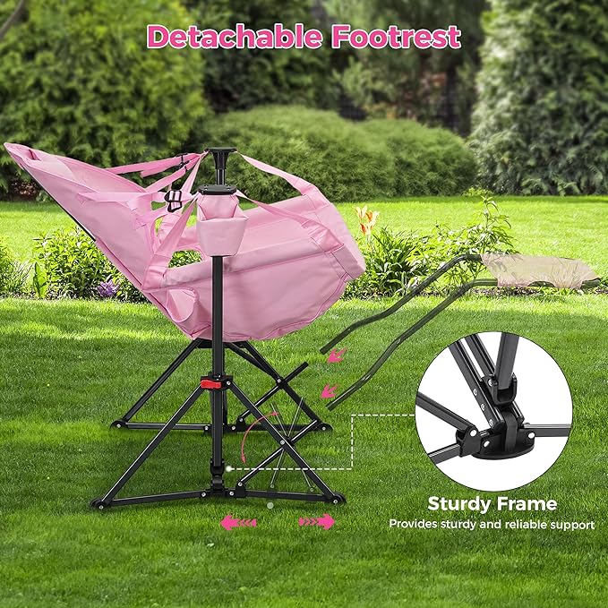 Ainfox Hammock Camping Chair with Footrest Foldable Rocking Chairs for Adults Outside Swinging Camp with Cup Holder Pillow for Outdoor Patio Garden (Pink)