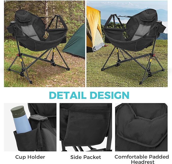 Ainfox Hammock Camping Chair Foldable Portable Rocking Chairs for Adults Outside Swinging Camp with Cup Holder Pillow for Outdoor Patio Poolside (Black)