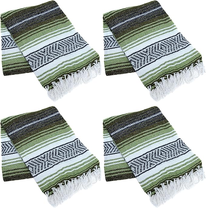 La Montana Mexican Blankets and Throws 4 Pk 74x50 - Made in Mexico Lightweight Yoga Blanket for Schools Studios Outdoors Camping Picnic Decor - Machine Washable Dark Olive/Light Olive/White