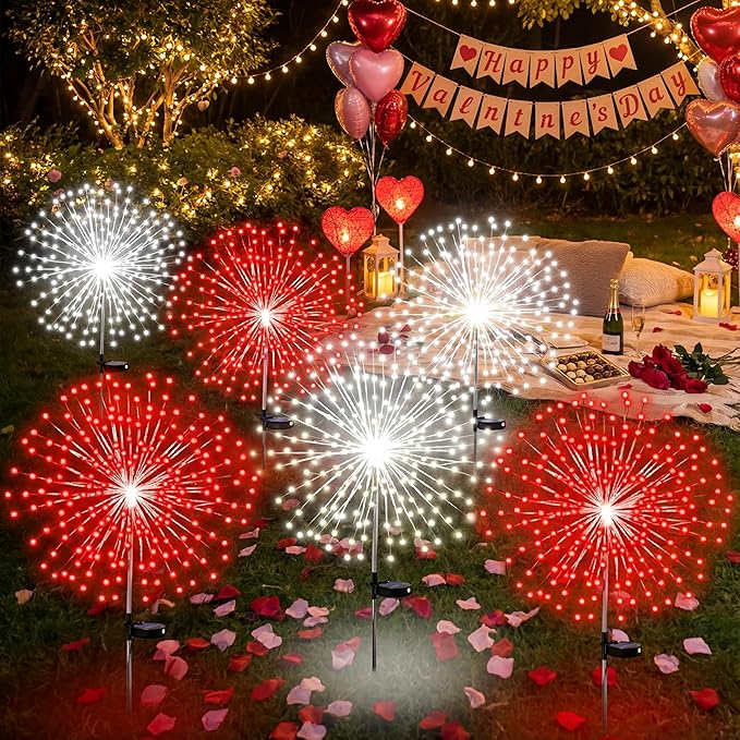 6 Pcs Solar Firework Stake Lights 180 LED 8 Modes Solar Waterproof LED Sparkler Lights Outdoor Decoration for Wedding Mother's Day Garden Patio Yard Pathway Walkway Lawn (Red White)