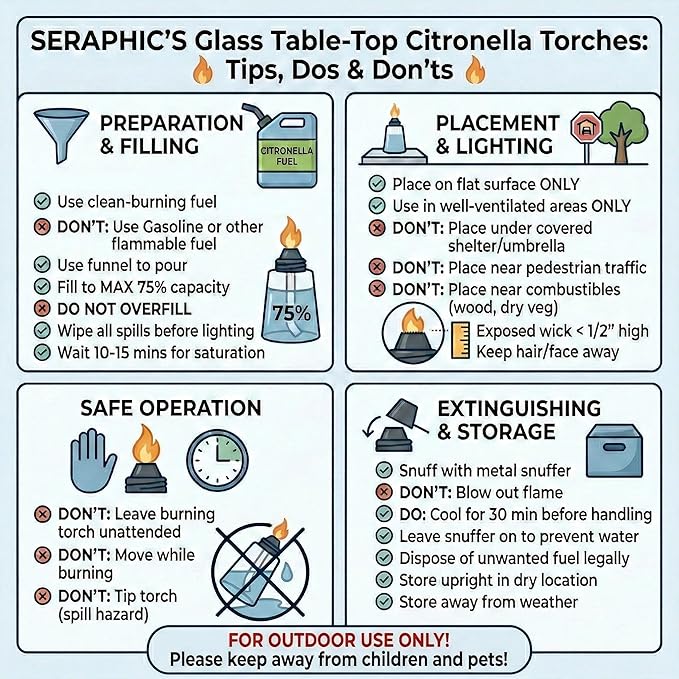 Seraphic Citronella Table Top Torches for Outdoor Patio 16oz Decorative Glass Torch Citronella Candles for Outside Deck Garden Parties Set of 3 Amber