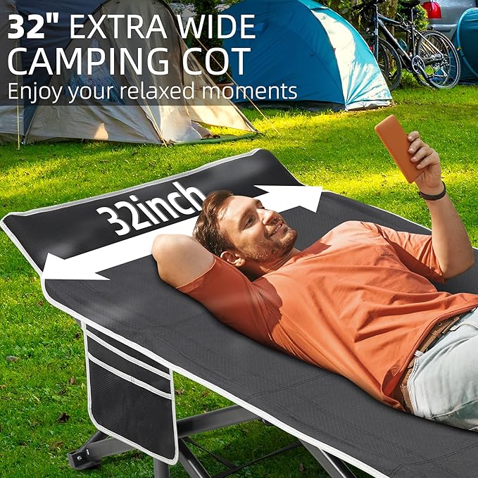 Portable Camping Cot 32 Extra Wide Camping Cots for Adults with Thick Mattress Heavy Duty Sleeping Cot Holds Up to 600LBS Cots for Sleeping Rv Beach Patio Office Naps 2Pcs (Black)