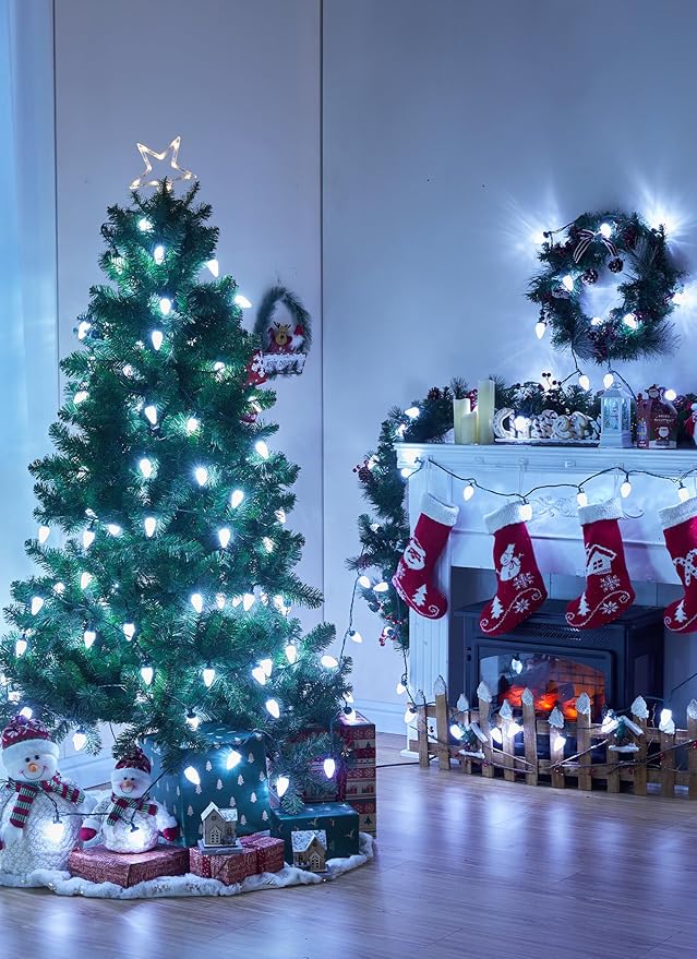 C9 LED Christmas Lights Outdoor 81 Feet 100 LED String Light with Timer &amp 8 Lighting Mode Waterproof Commercial Grade Christmas Tree Lights for Outside Indoor Roofline Patio Pure White|2 Pack