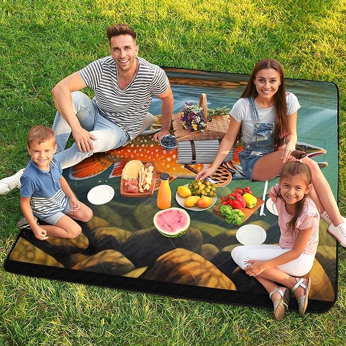 Brook Trout Fly Fishing_79629943 Print Zipper Style Picnic Mat Waterproof &amp Heat-Insulating Foldable Into A Shopping Bag