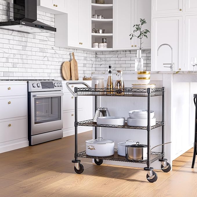 Seville Classics UltraDurable NSF Commercial Heavy Duty Metal Rolling Utility Cart w/Steel Shelves Handle Bar for Garage Warehouse Kitchen Office Deep Top Basket (34.75 W x 20.25 D) Graphite