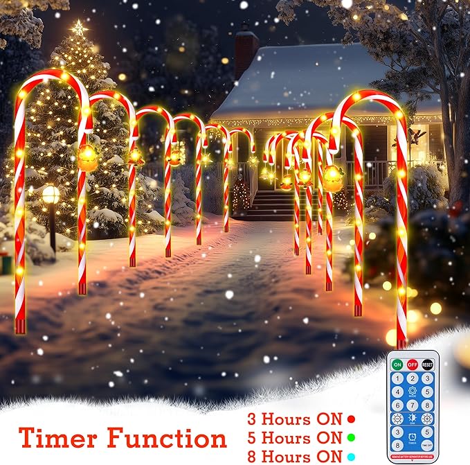 Solar Candy Cane Lights – 12-Piece Set 22 Inch Outdoor Christmas Pathway Lights 8 Lighting Modes with Memory Function Solar-Powered Holiday Decorations for Garden Yard Walkway Party Driveway