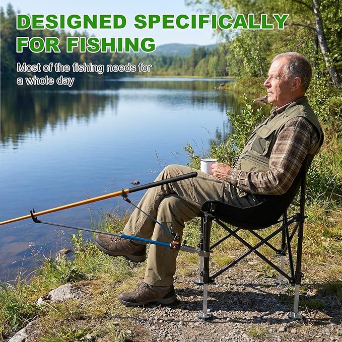 Folding Fishing Chair with Complete Accessories Portable Camping Chair for Outdoor Fishing 220LBS Load-Bearing Non-Slip All-Terrain Design with Storage Bags Carbon Steel Fishing Chair