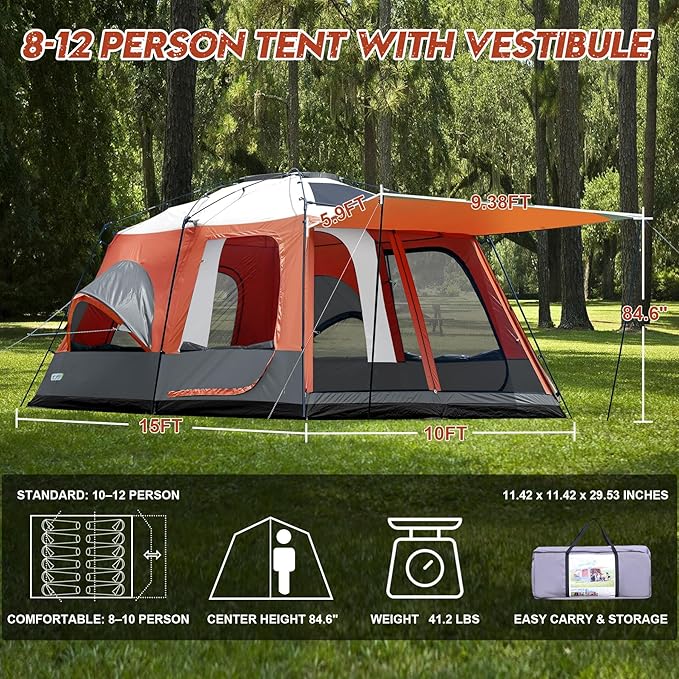 8–10-12 Person Camping Tent 2 Room Family Tent with Zippered Divider Porch Rainfly Extra Large Waterproof Cabin Tent with 3 Mesh Doors &amp Windows Easy Setup 7.1 ft Tall Tent for Outdoor Campin