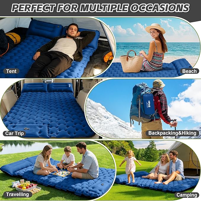 HiiPeak Double Sleeping Pad for Camping - Ultralight Camping Mattress with Pillow Built-in Foot Pump Compact Inflatable 2-Person Portable Mat for Backpacking Hiking Car Traveling Beach Tent