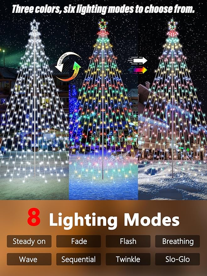 Flacchi Christmas Outdoor Star String Lights - Pole Set with Remote Multiple Lighting Modes Timer and Waterproof Feature (Cool White&ampMulticolor 16FT/664LED)