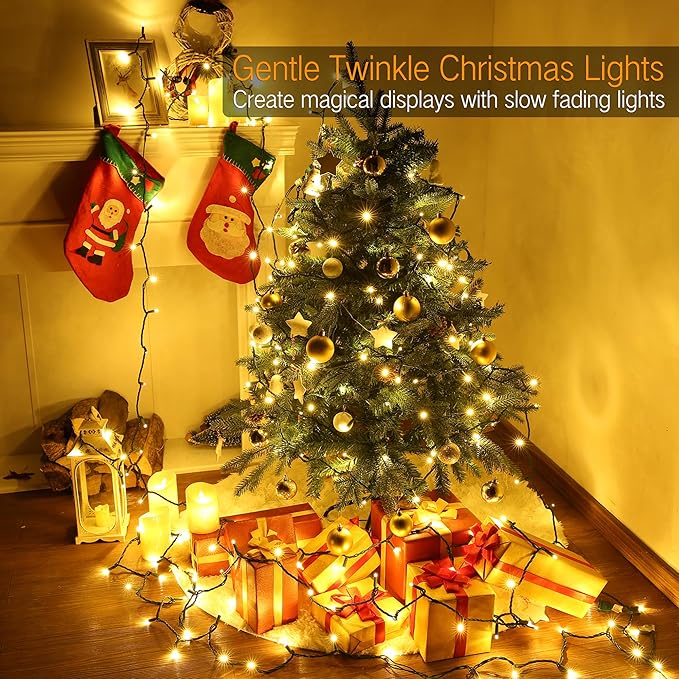 ODEETRONIC Warm White Christmas Lights 33ft 100LED Gentle Twinkle Christmas Tree Lights Wide Angle 5mm String Light Connectable UL Certified Mini Xmas Light for Indoor Outdoor Party Green Wire