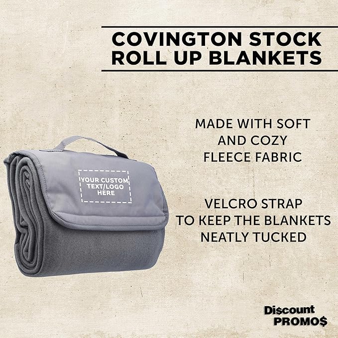 DISCOUNT PROMOS Custom Roll Up Picnic Blankets Set of 10/50/100 Personalized Bulk Pack Great for Camping Picnic Beach Sports Outdoor Activities - Grey