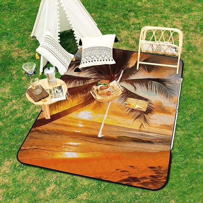 Zipper Tropical Beach Palm Tree Sunset Style Picnic Mat Suitable for Travel Camping Park Or Home Use