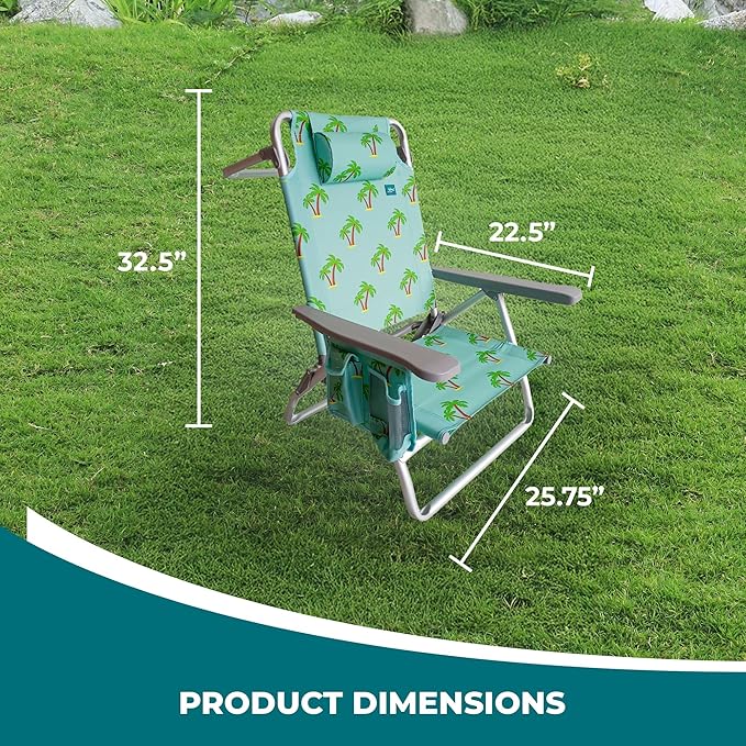 Bliss Hammocks BBC-352-PT Folding Beach Chair w/Towel Rack Cup Holder w/Pocket 275 Lb. Weight Capacity Palm Tree